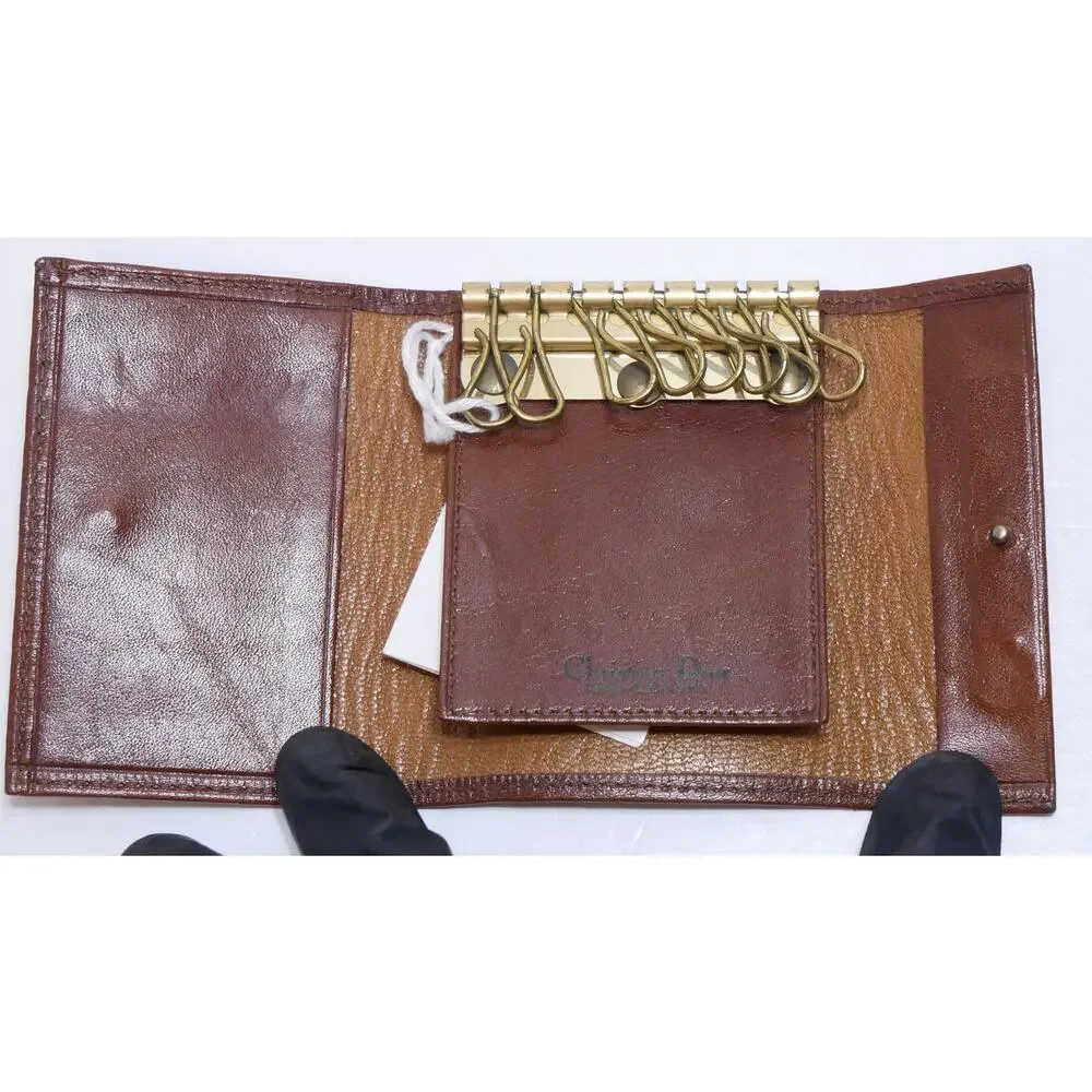 AUTHENTIC VINTAGE DIOR 8 KEY HOLDER BROWN LEATHER SNAP POCKET POUCH CASE WALLET